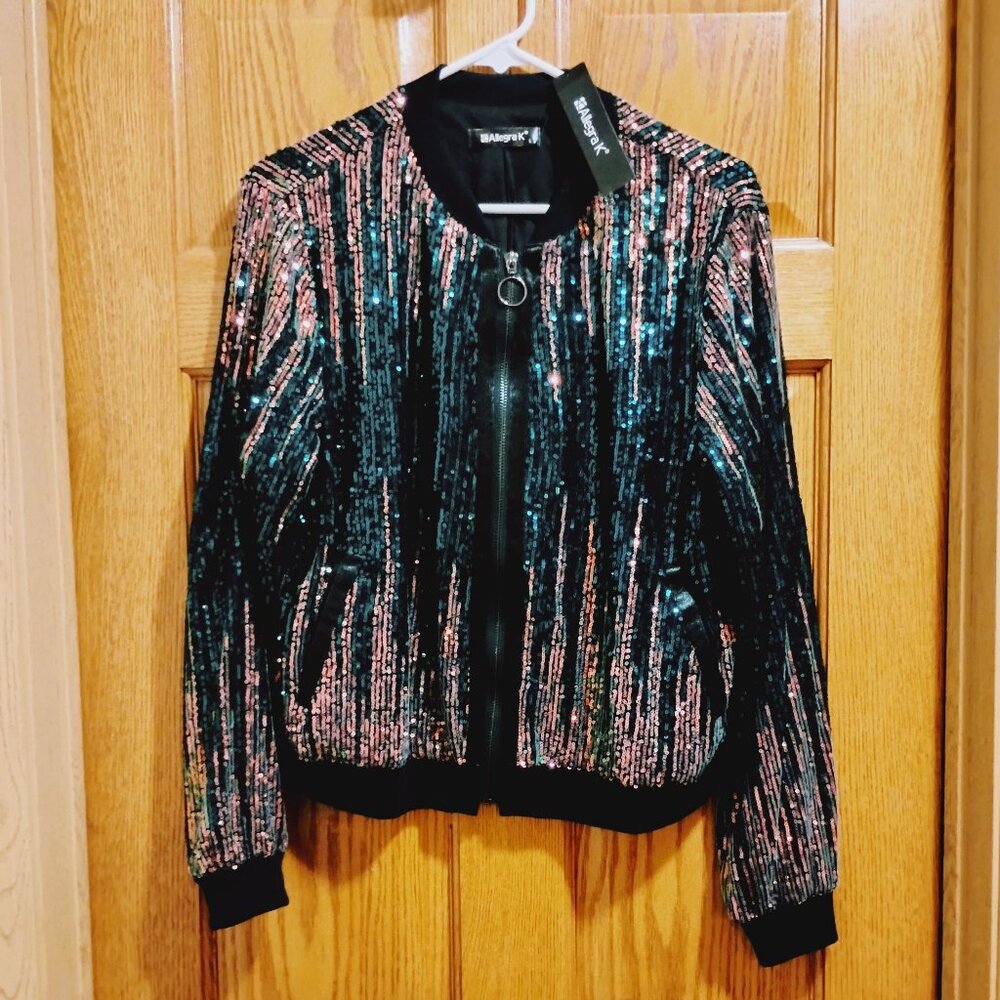New Allegra K Women Party Sequin Jacket Zip-Up Glitter Sparkly Dual-Color Size L
